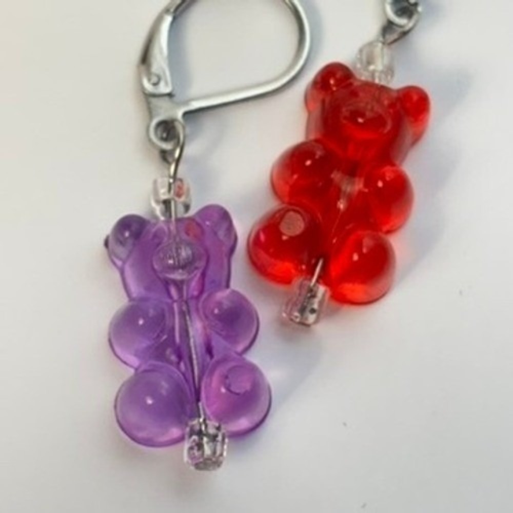 Gummy Bear Drop Earrings Purple Red Acrylic Leverback Retro